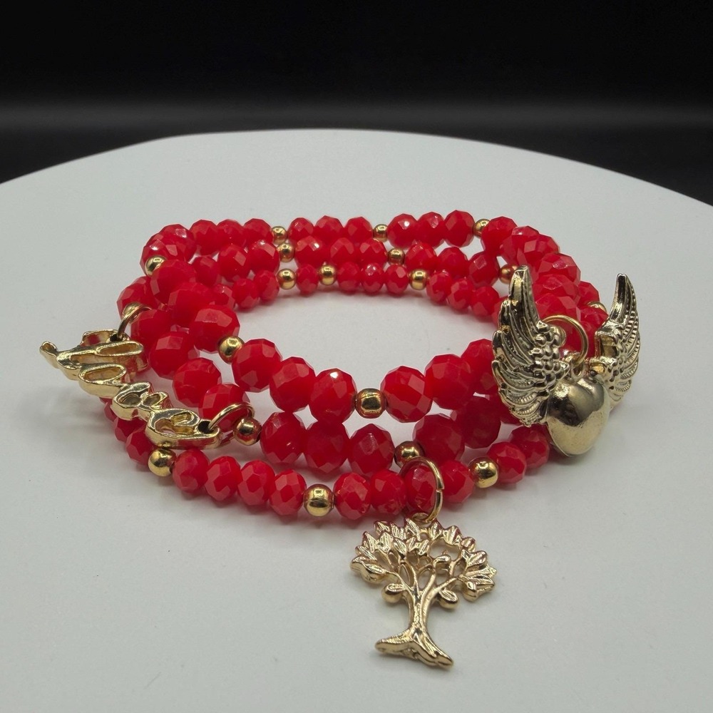 3 Pcs Red Faceted Bead Wrap Bracelet Gold Tone Winged Heart Love Tree Charm Gift
